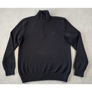 Polo Ralph Lauren Sweater Mens Medium Black 1/4 Zip Knit Cotton Purple Pony‎ Y2K